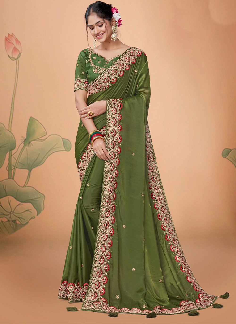 Contemporary Organza Green Embroidered Saree