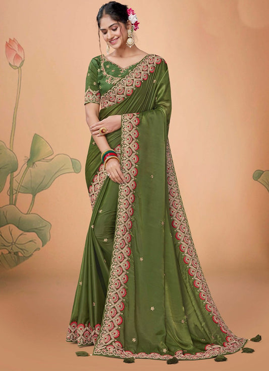 Contemporary Organza Green Embroidered Saree