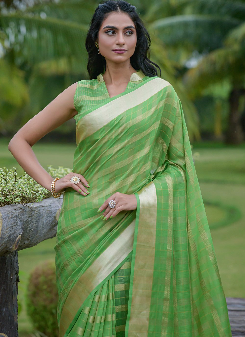 Contemporary Organza Silk Green Strips Print Saree