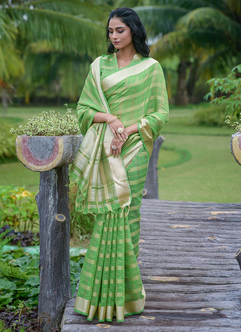 Contemporary Organza Silk Green Strips Print Saree