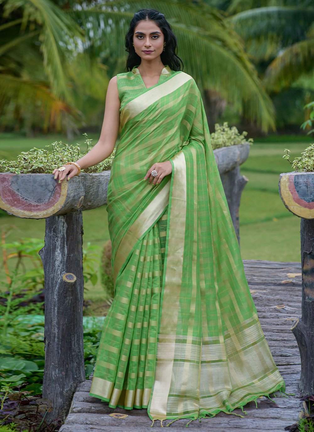 Contemporary Organza Silk Green Strips Print Saree