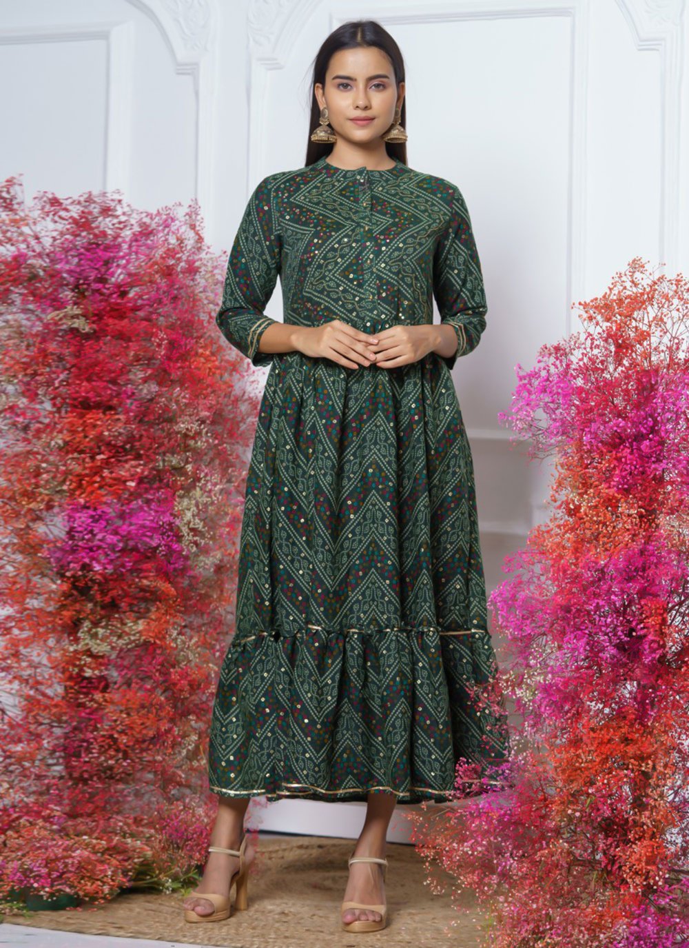 Designer Kurti Rayon Green Floral Patch Kurtis