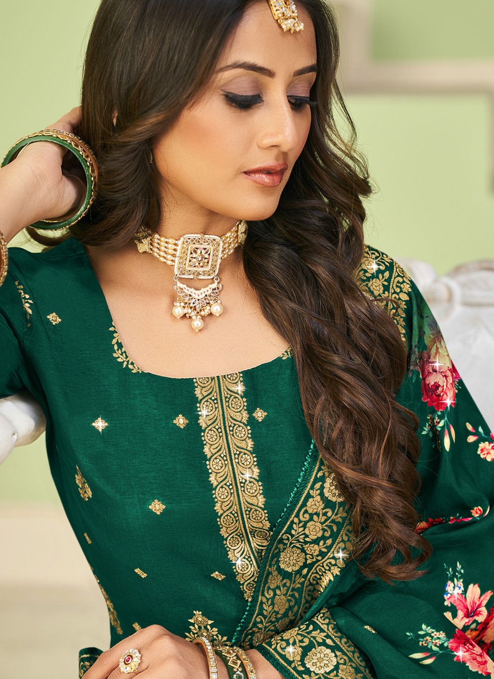 Salwar Suit Jacquard Pure Dola Viscose Green Diamond Salwar Kameez