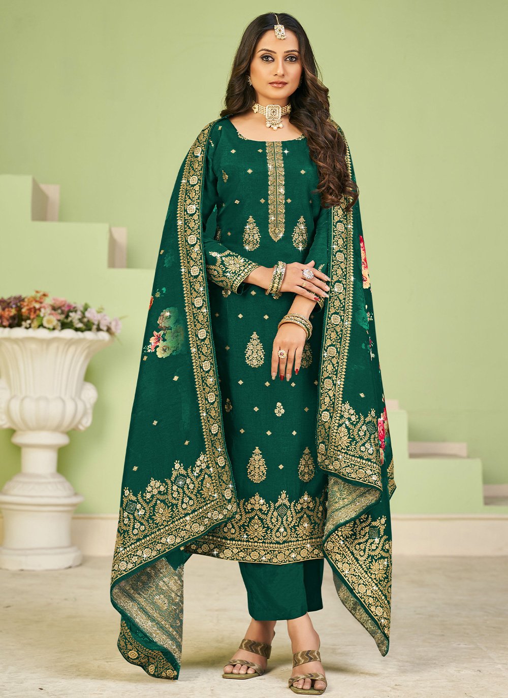 Salwar Suit Jacquard Pure Dola Viscose Green Diamond Salwar Kameez