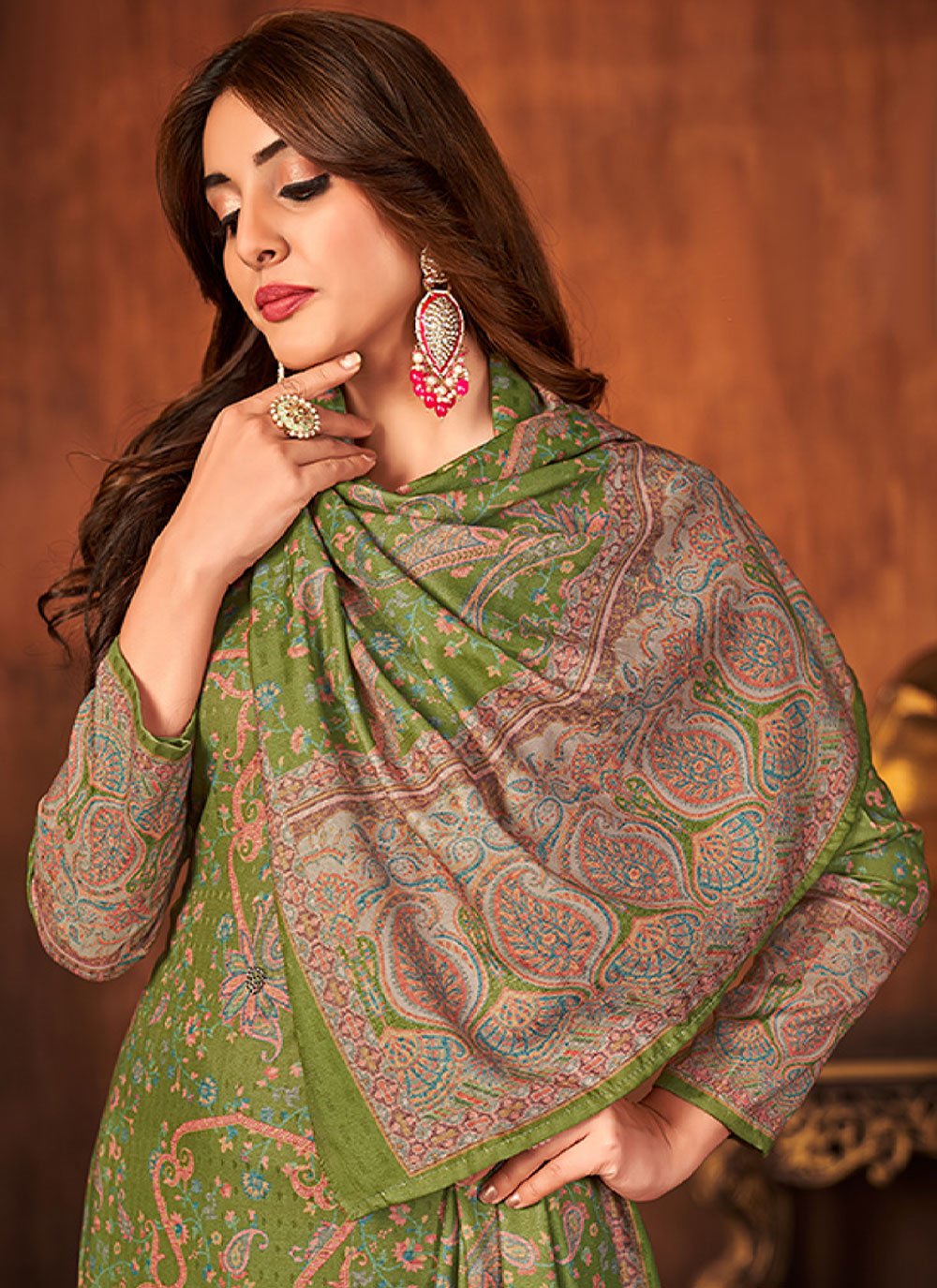 Salwar Suit Pashmina Green Diamond Salwar Kameez