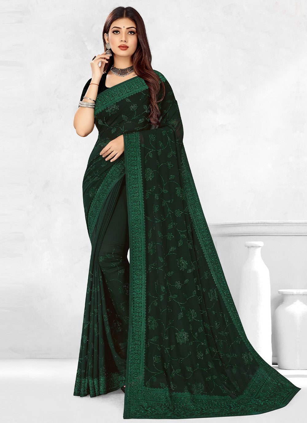 Classic Georgette Green Embroidered Saree