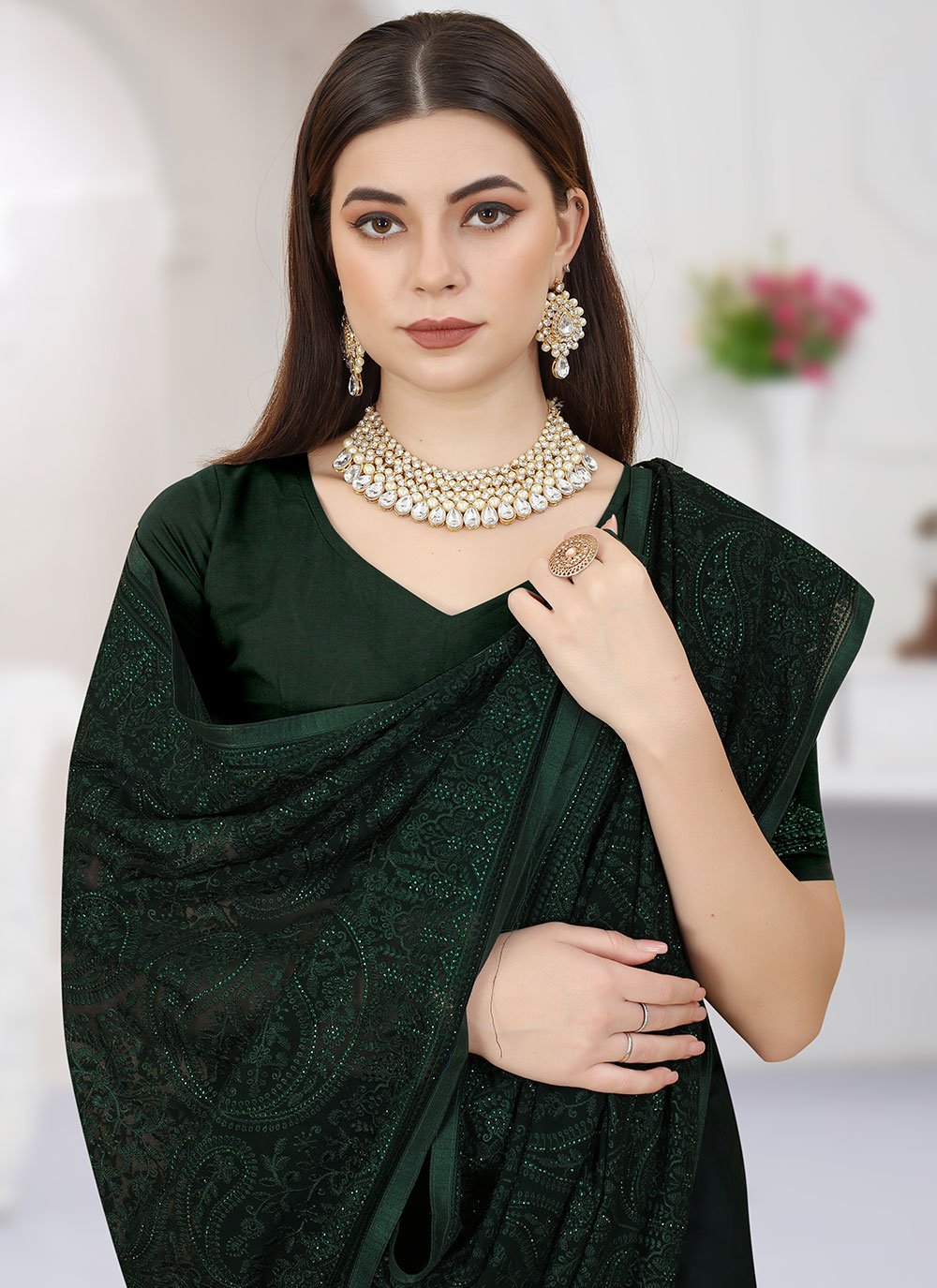 Designer Georgette Green Embroidered Saree