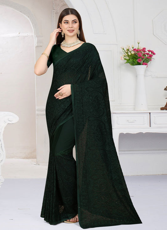 Designer Georgette Green Embroidered Saree