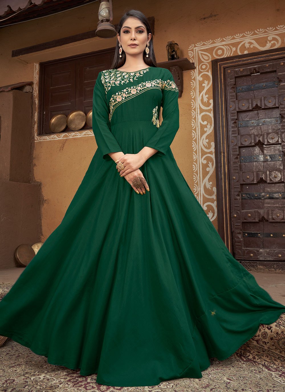 Gown Muslin Green Embroidered Gown