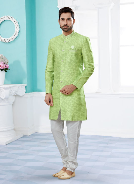 Indo Western Sherwani Jacquard Green Digital Print Mens