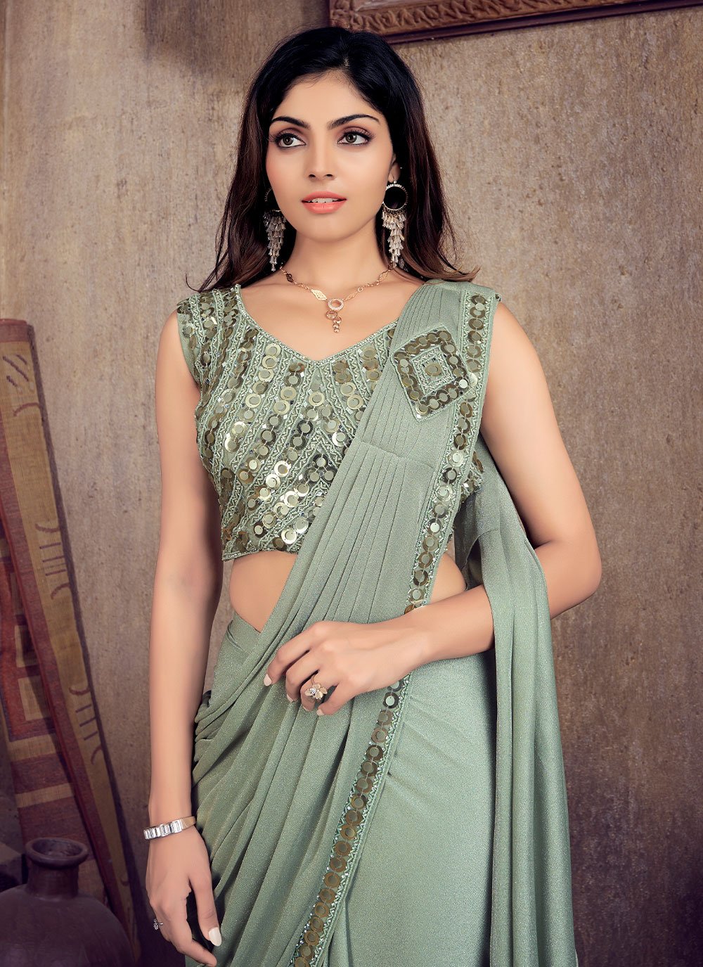 Lehenga Style Saree Shimmer Green Mirror Saree