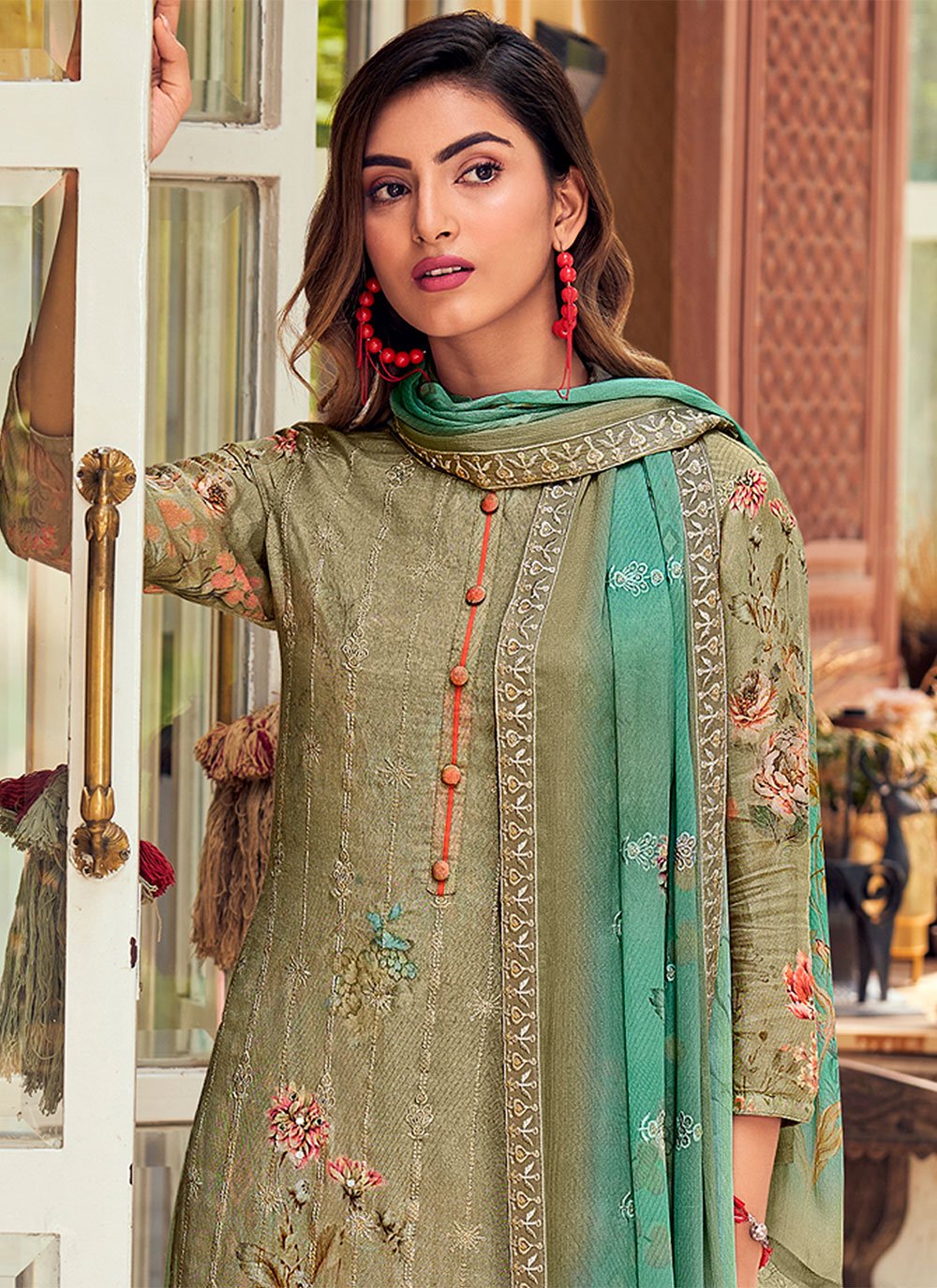 Pakistani Salwar Suit Muslin Green Embroidered Salwar Kameez