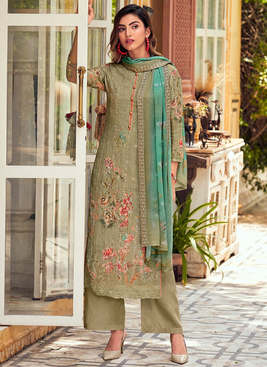 Pakistani Salwar Suit Muslin Green Embroidered Salwar Kameez