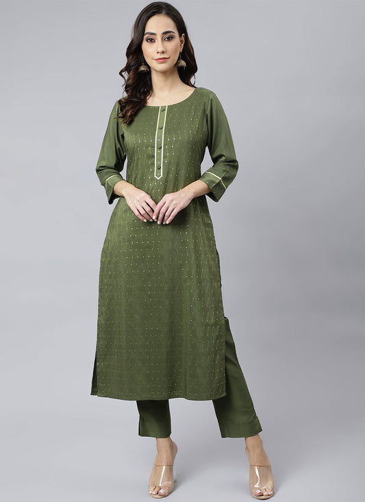 Pant Style Suit Poly Silk Green Sequins Salwar Kameez