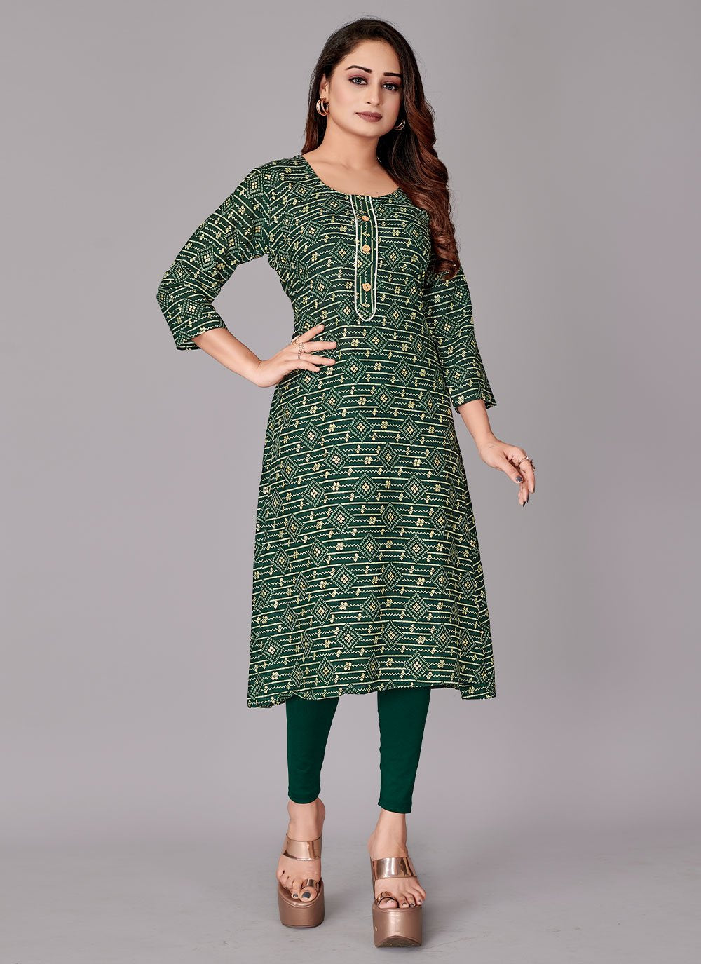 Party Wear Kurti Rayon Viscose Green Foil Print Kurtis