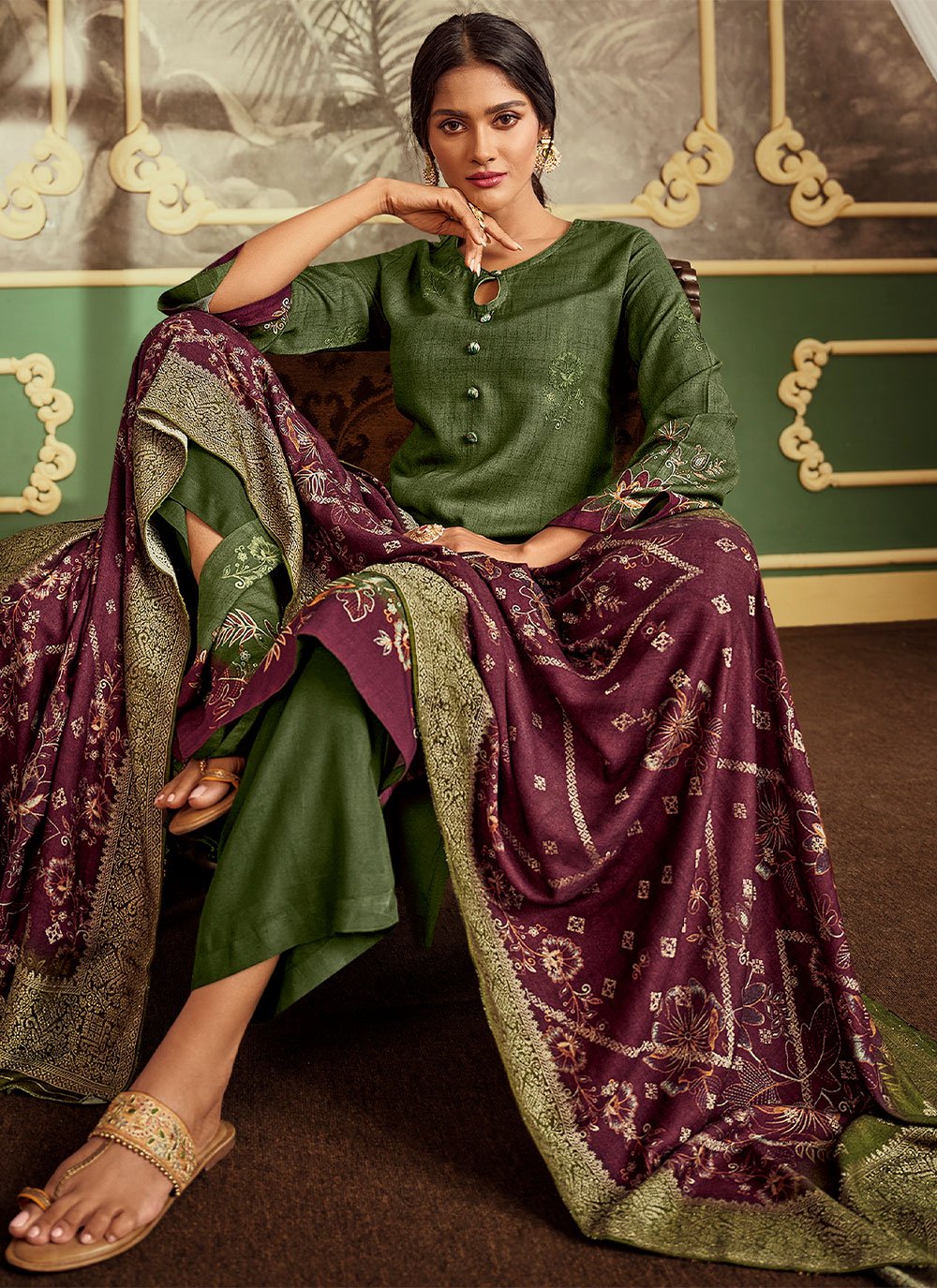 Salwar Suit Pashmina Green Digital Print Salwar Kameez