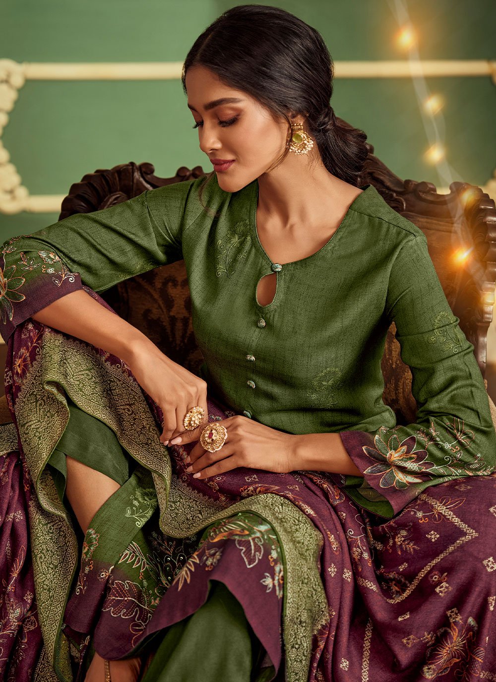 Salwar Suit Pashmina Green Digital Print Salwar Kameez