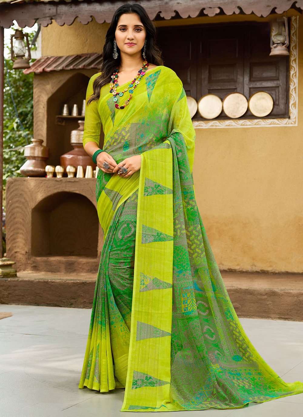 Classic Georgette Green Patch Border Saree