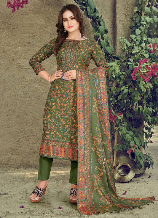 Straight Salwar Suit Pashmina Green Hand Work Salwar Kameez