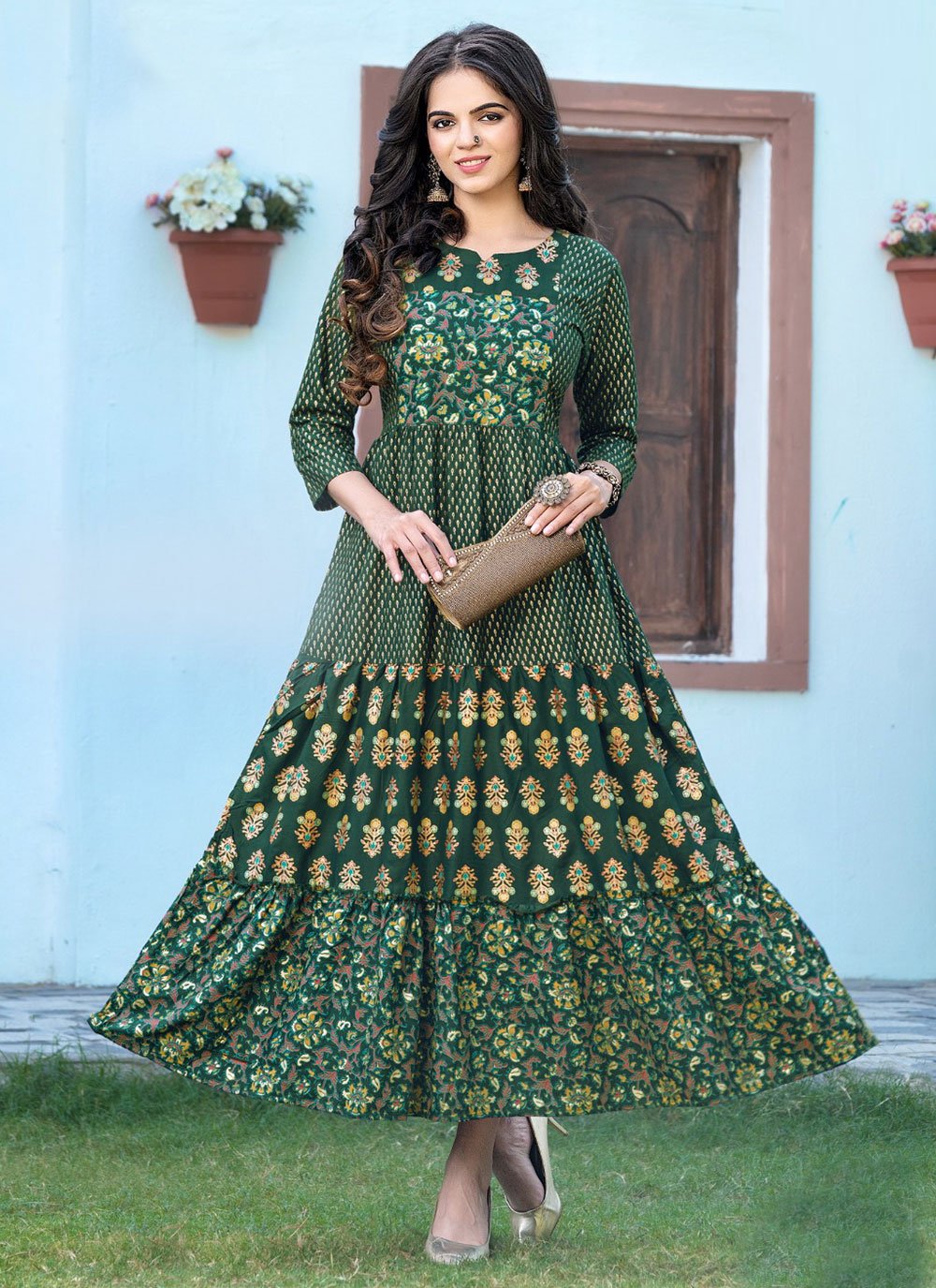 Gown Rayon Green Print Gown