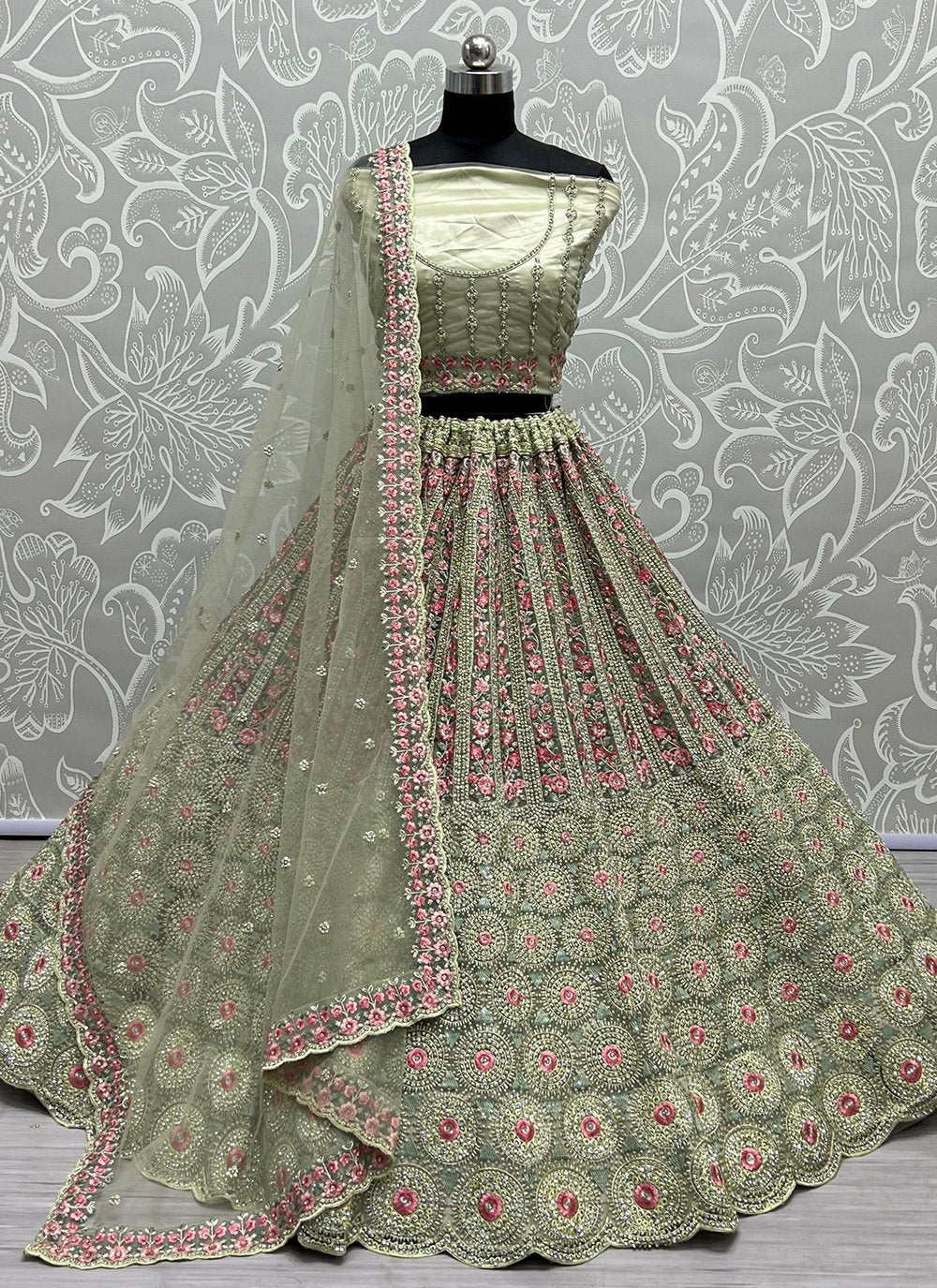 Lehenga Choli Net Green Diamond Lehenga Choli