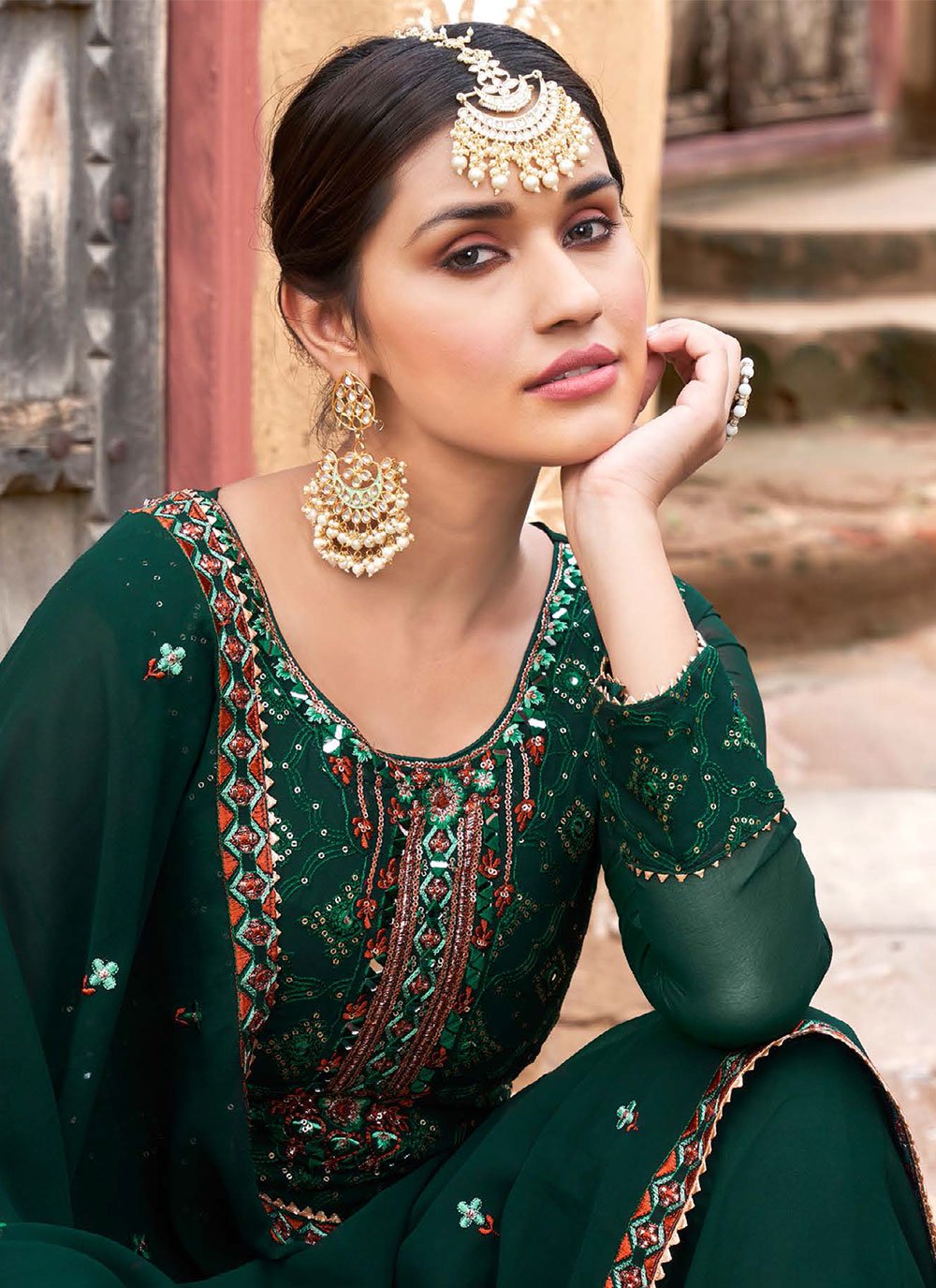 Salwar Suit Georgette Green Embroidered Salwar Kameez