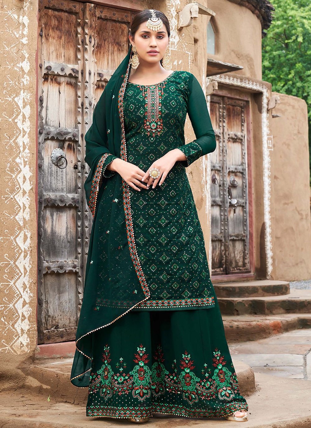 Salwar Suit Georgette Green Embroidered Salwar Kameez