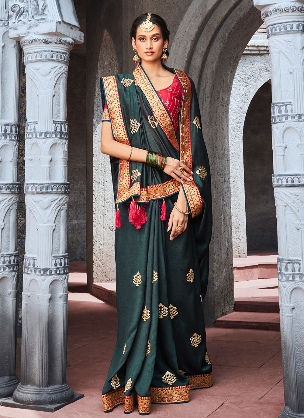 Trendy Saree Vichitra Silk Green Embroidered Saree