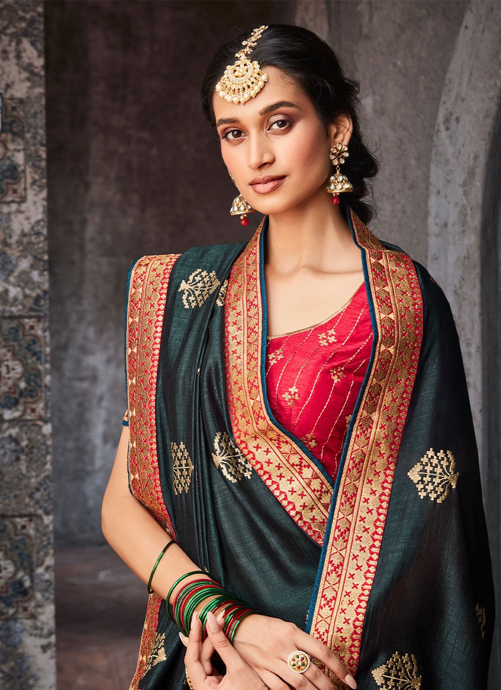 Trendy Saree Vichitra Silk Green Embroidered Saree