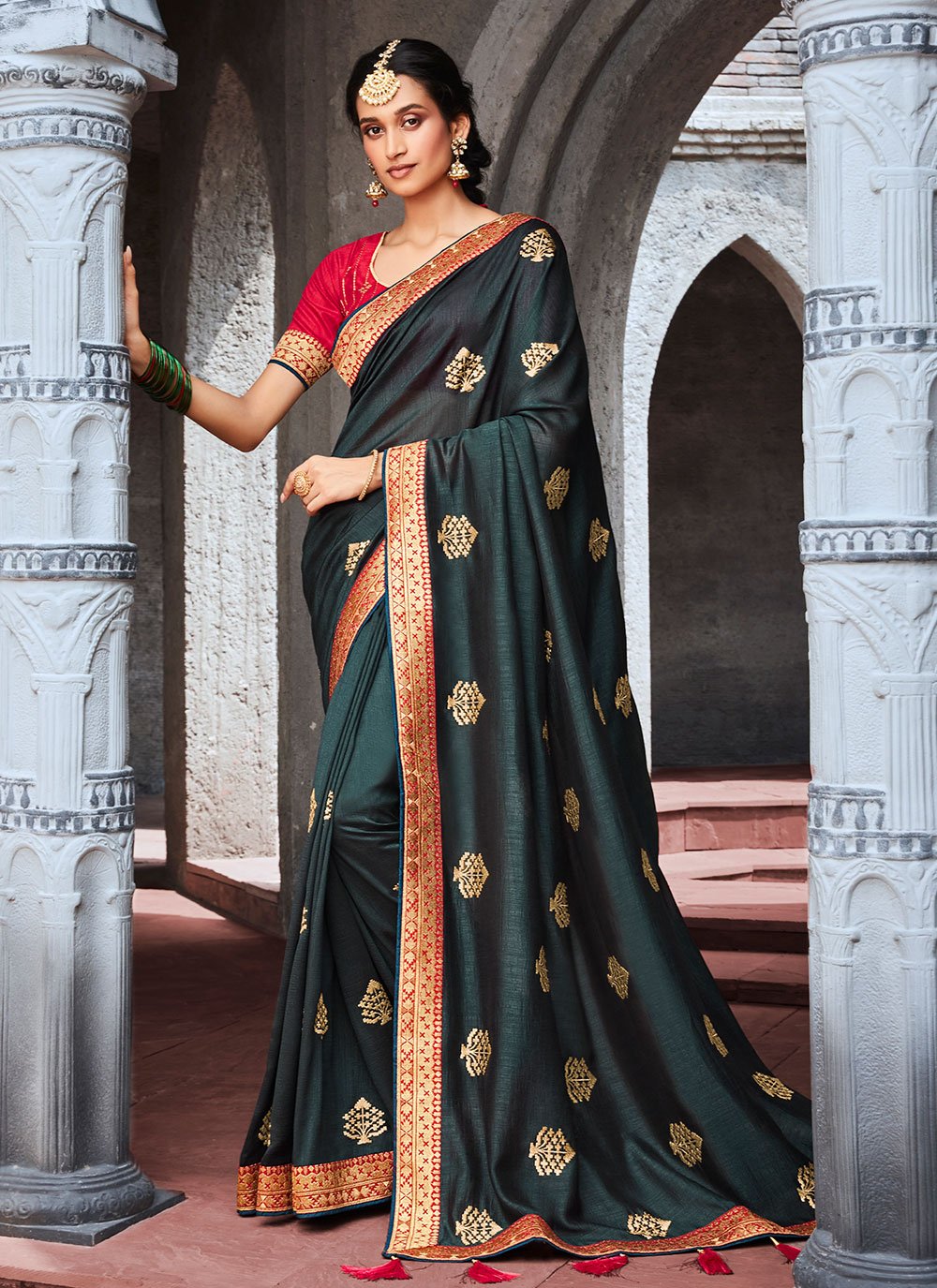 Trendy Saree Vichitra Silk Green Embroidered Saree