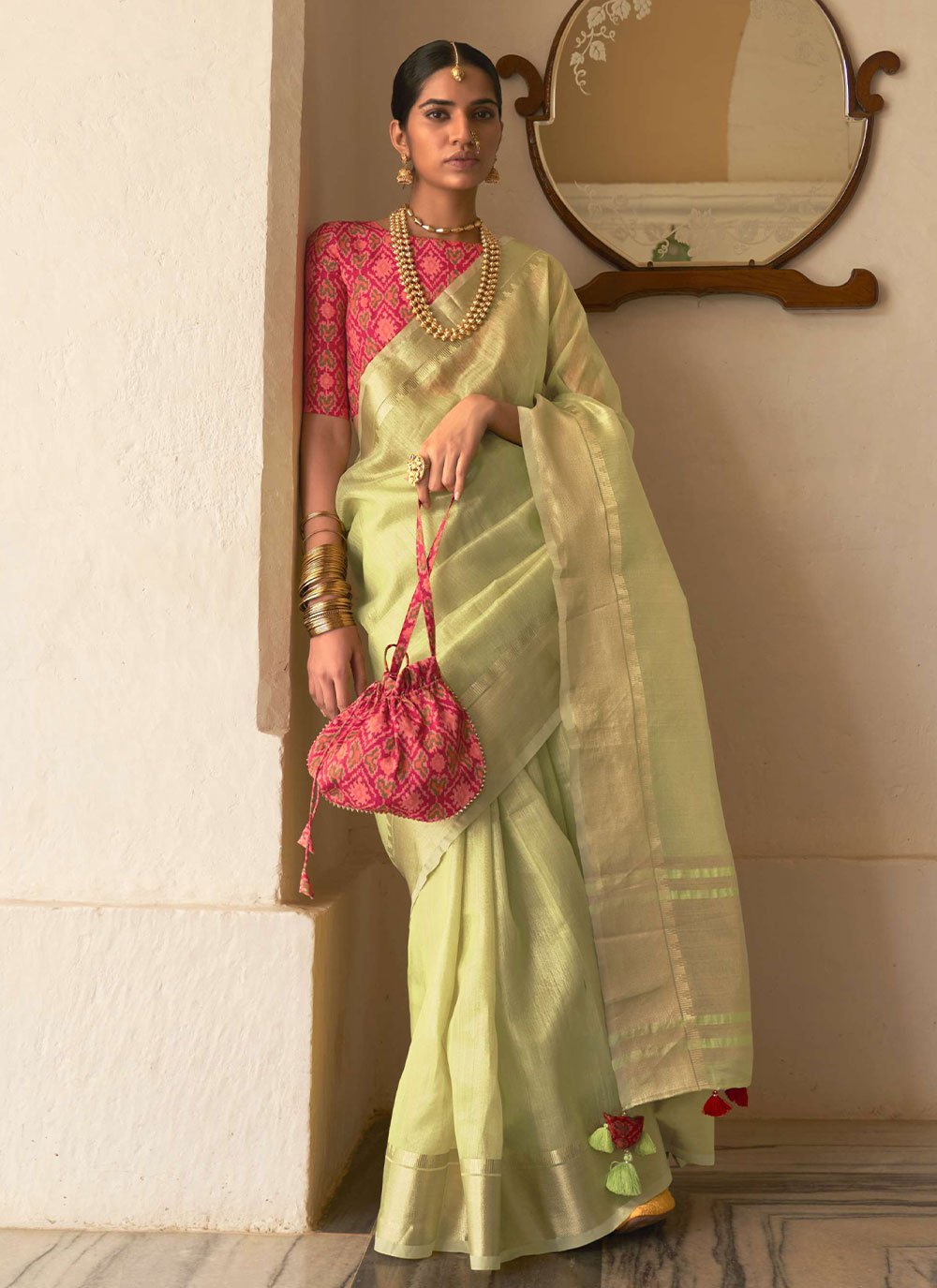 Trendy Saree Organza Green Plain Saree