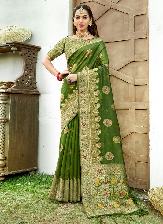 Trendy Saree Organza Green Embroidered Saree