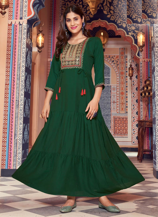 Party Wear Kurti Rayon Green Embroidered Kurtis