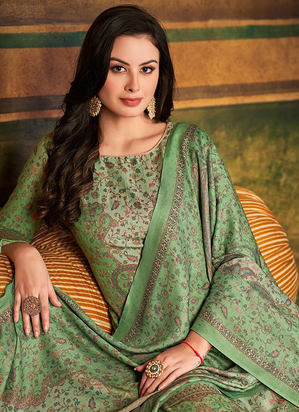 Salwar Suit Pashmina Green Digital Print Salwar Kameez