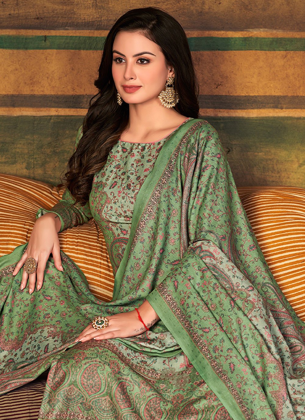 Salwar Suit Pashmina Green Digital Print Salwar Kameez