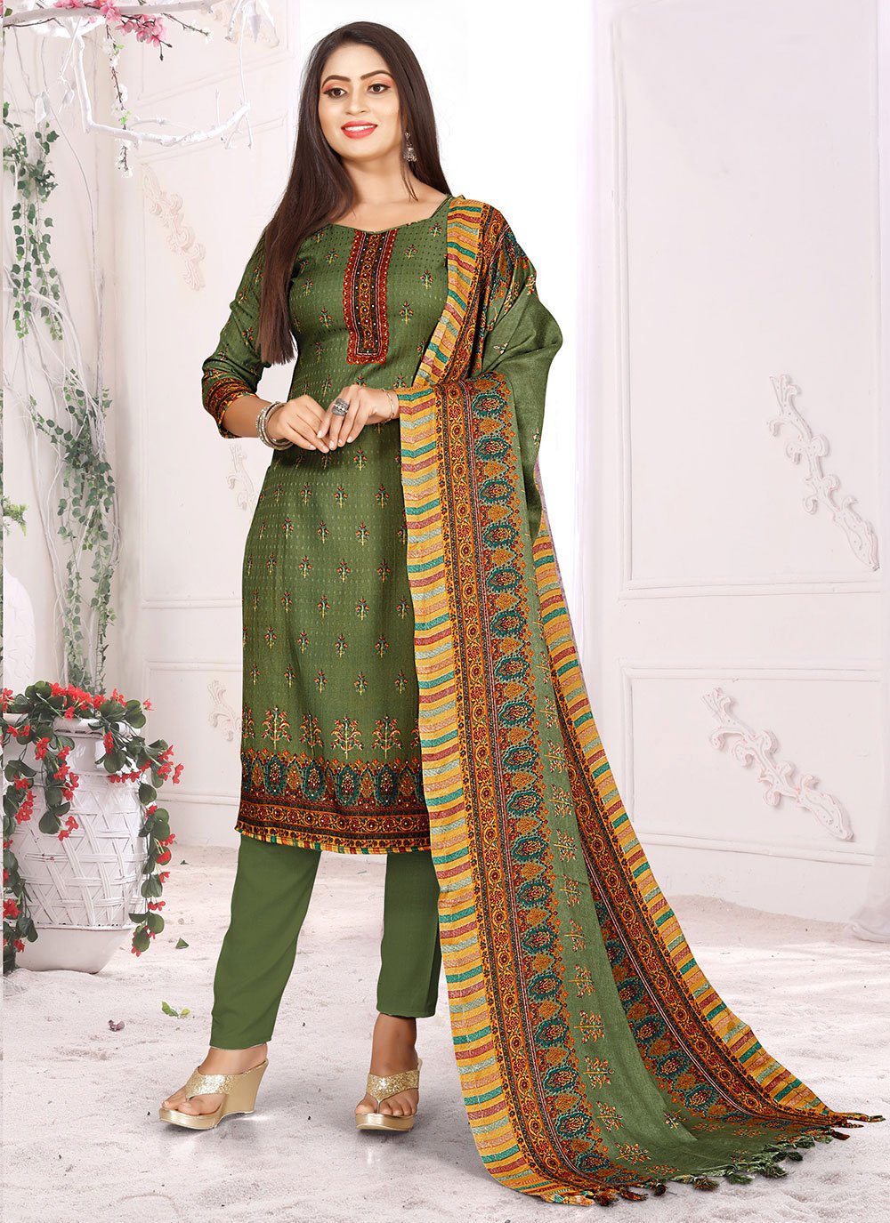 Salwar Suit Pashmina Green Hand Work Salwar Kameez