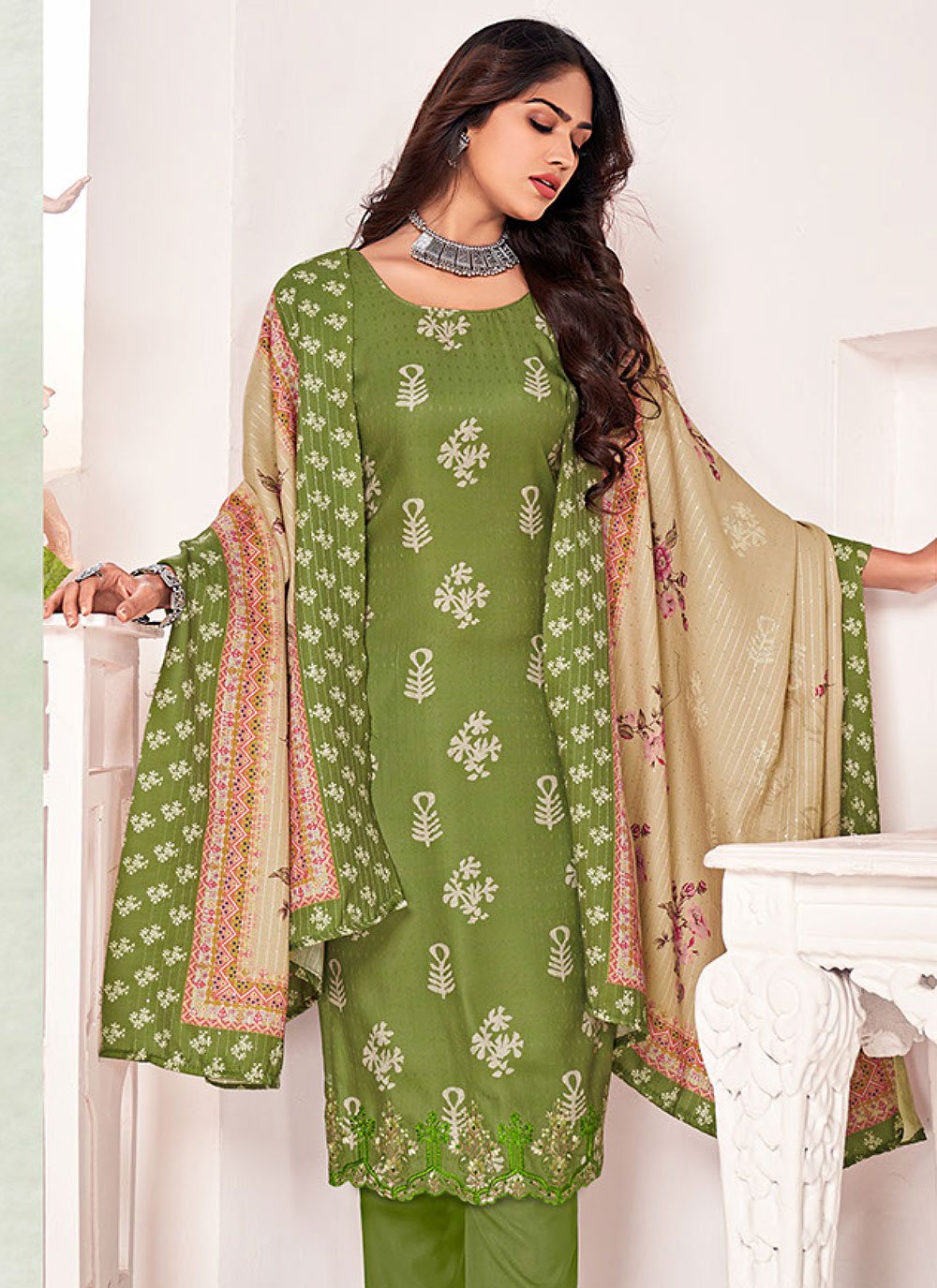 Straight Salwar Suit Pashmina Green Digital Print Salwar Kameez