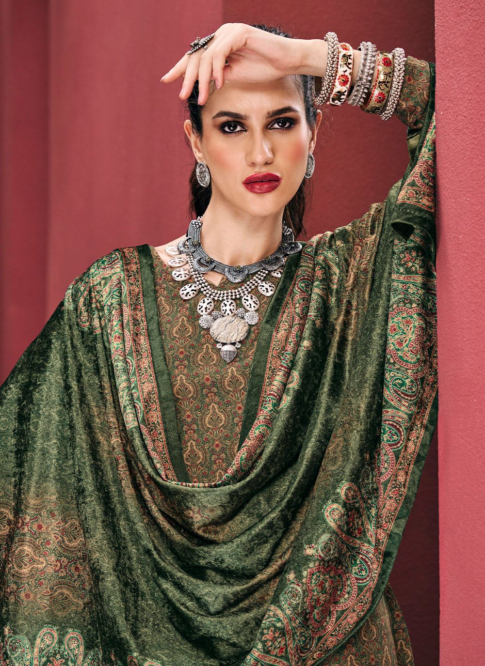 Pant Style Suit Pashmina Green Digital Print Salwar Kameez