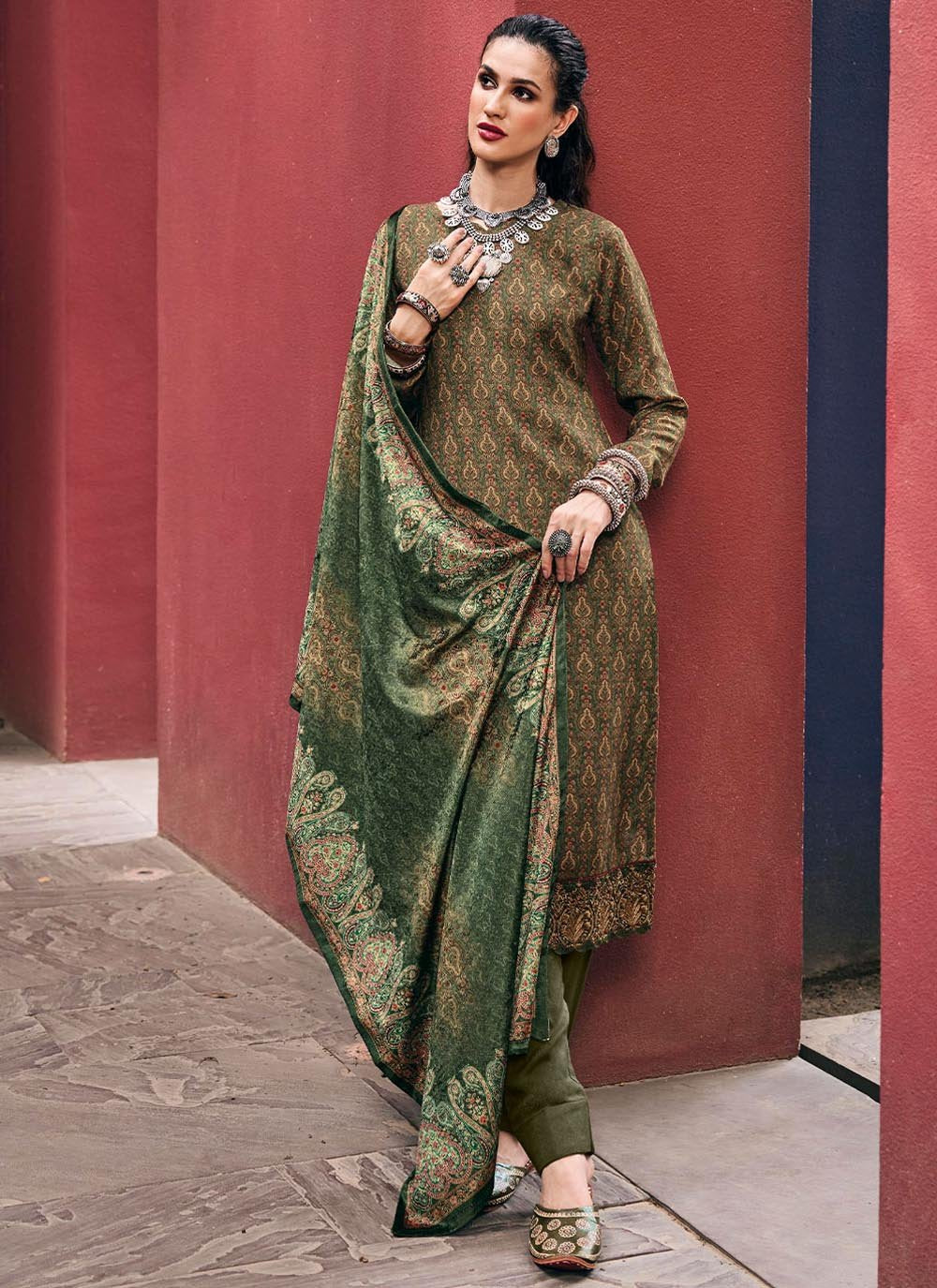 Pant Style Suit Pashmina Green Digital Print Salwar Kameez