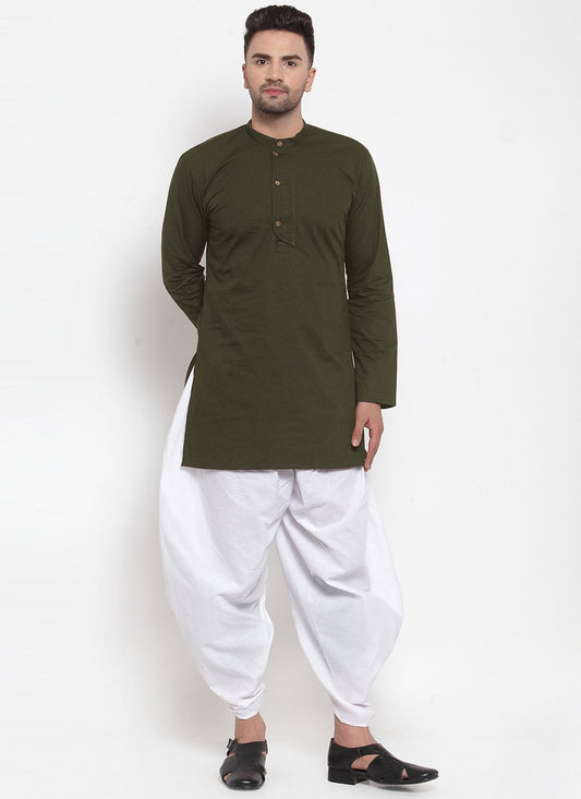 Indo Western Blended Cotton Green Plain Mens