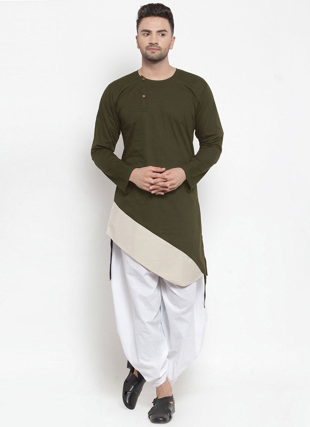 Indo Western Blended Cotton Green Plain Mens