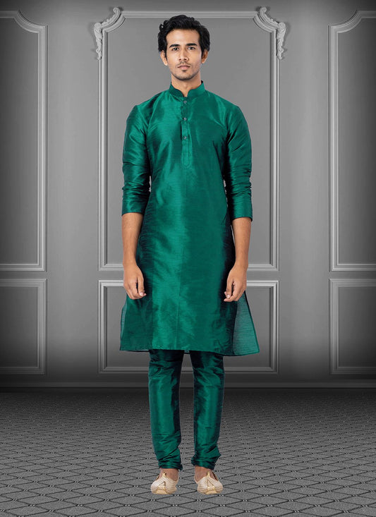 Kurta Pyjama Dupion Silk Green Plain Mens