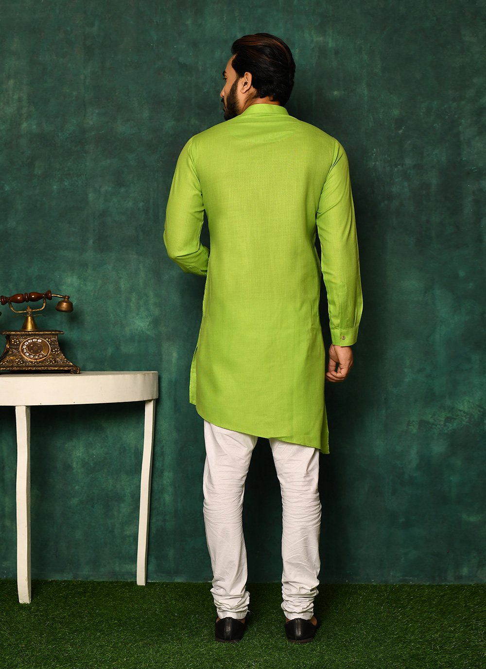 Kurta Pyjama Cotton Green Plain Mens