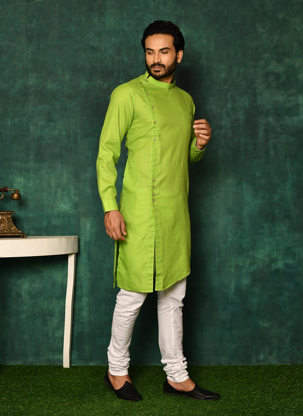 Kurta Pyjama Cotton Green Plain Mens