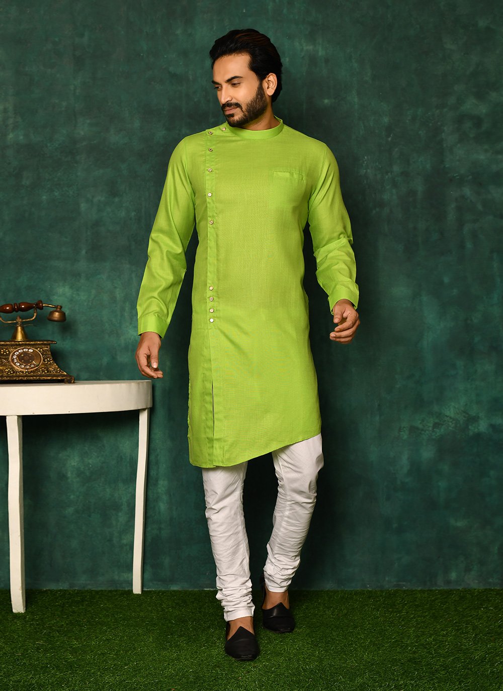 Kurta Pyjama Cotton Green Plain Mens