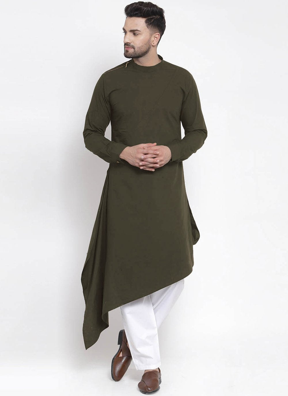 Kurta Blended Cotton Green Plain Mens