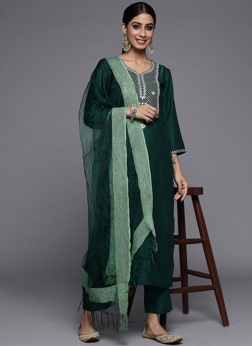 Salwar Suit Silk Green Plain Salwar Kameez