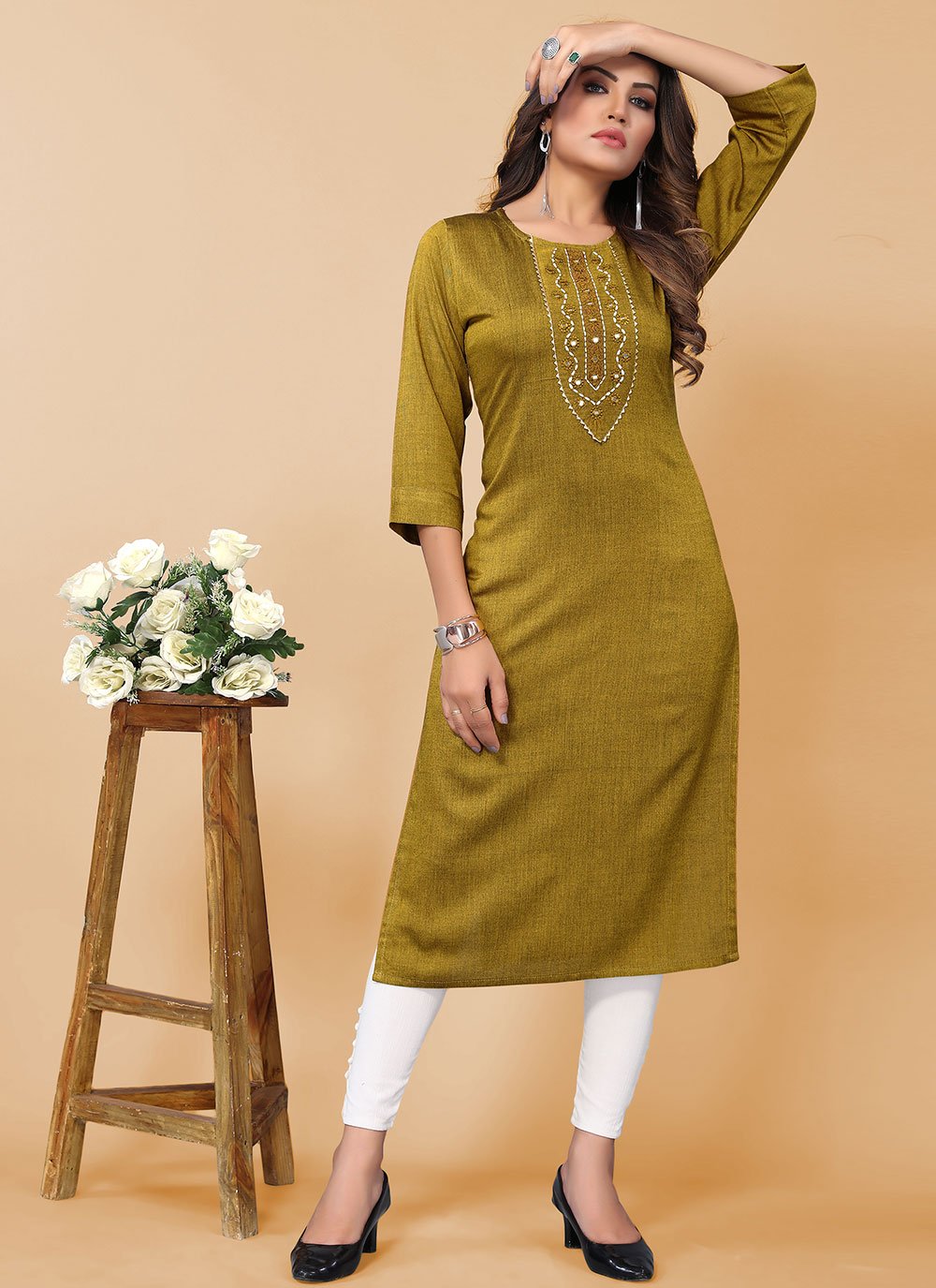 Designer Kurti Poly Cotton Green Embroidered Kurtis