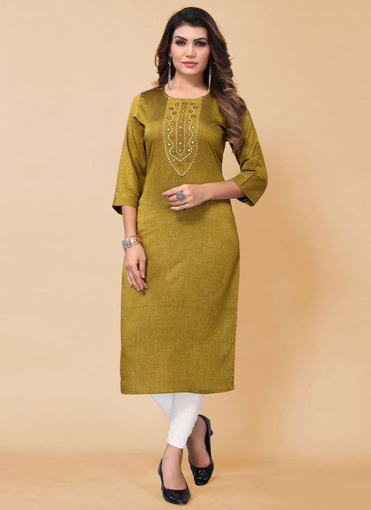 Designer Kurti Poly Cotton Green Embroidered Kurtis