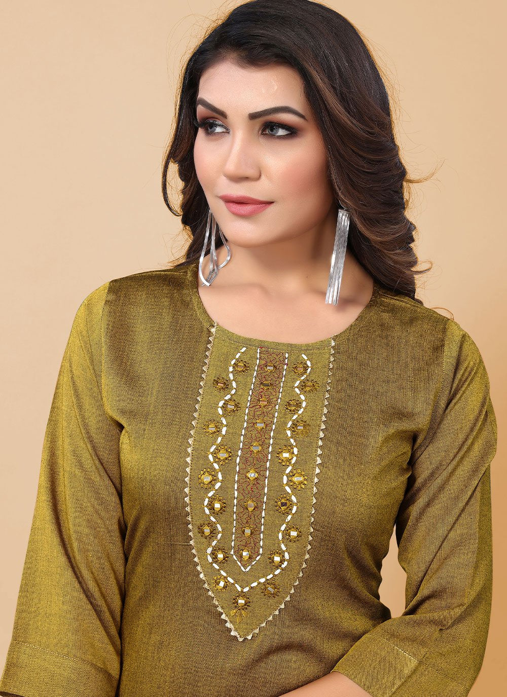 Designer Kurti Poly Cotton Green Embroidered Kurtis